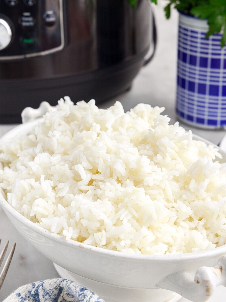 A bowl of rice with an instant pot in the background.