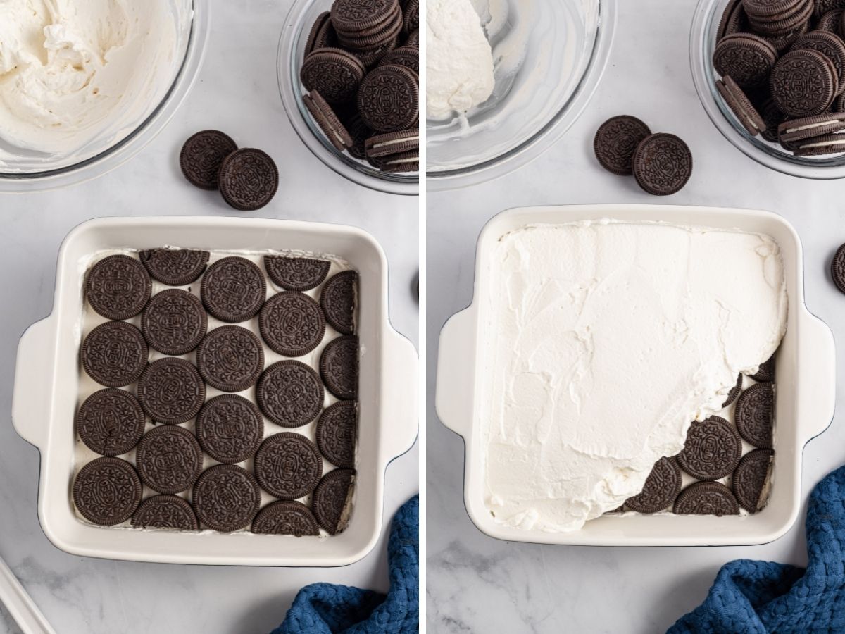How to make Oreo icebox cake with step by step instructions, with a picture collage. 