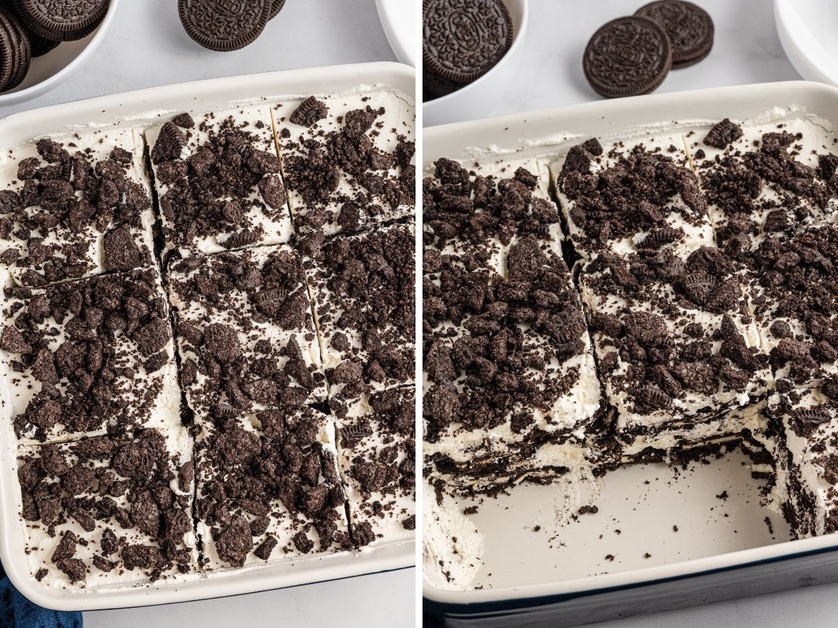 How to make Oreo icebox cake with step by step instructions, with a picture collage. 