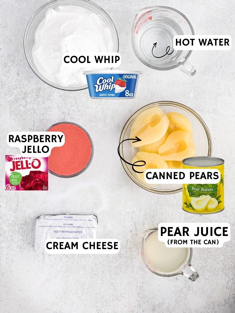 Ingredients for this recipe laid on a white background with each one labeled in black text. 