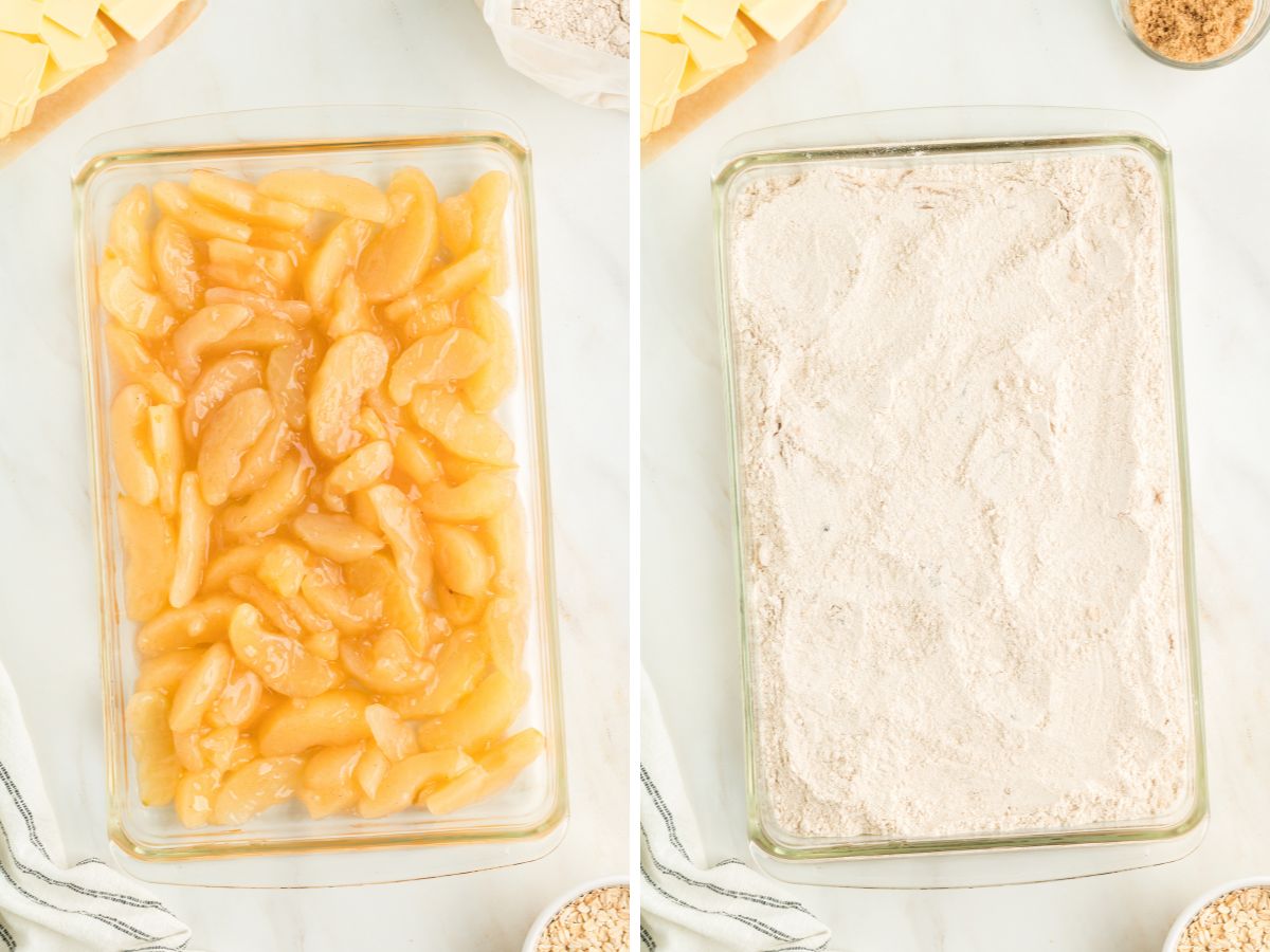How to make an apple pie dump cake with step by step instructions with pictures in these picture collages. 