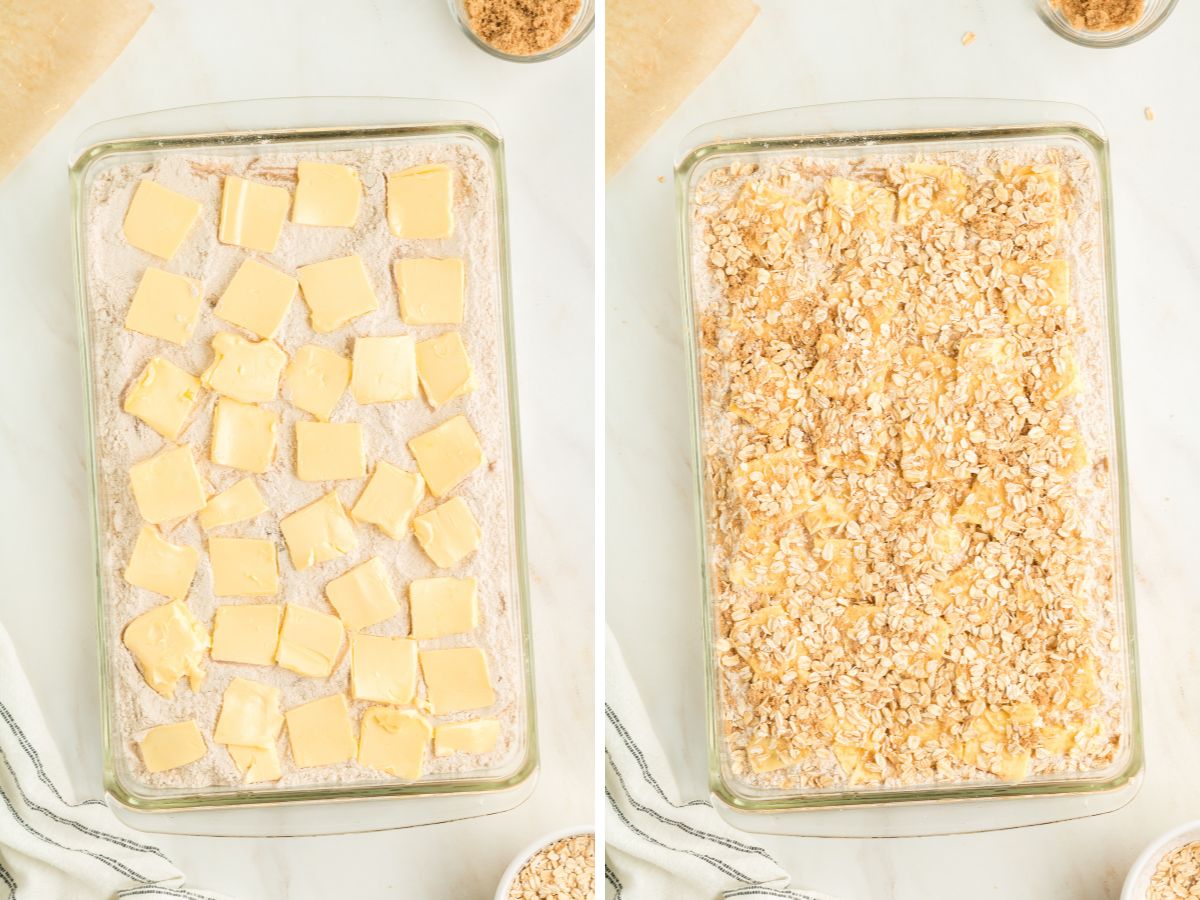 How to make an apple pie dump cake with step by step instructions with pictures in these picture collages. 