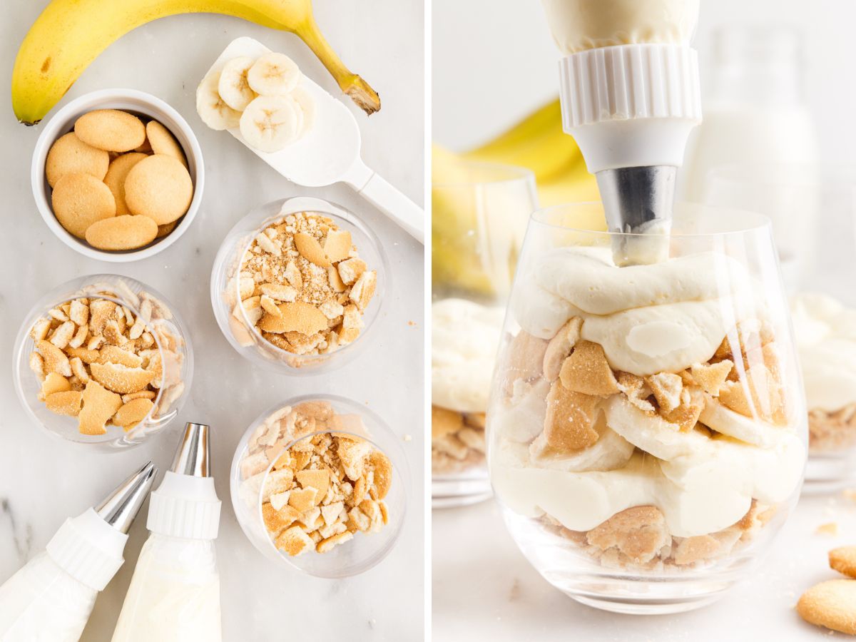 How to make banana parfaits with easy step by step instructions with pictures in these collages. 