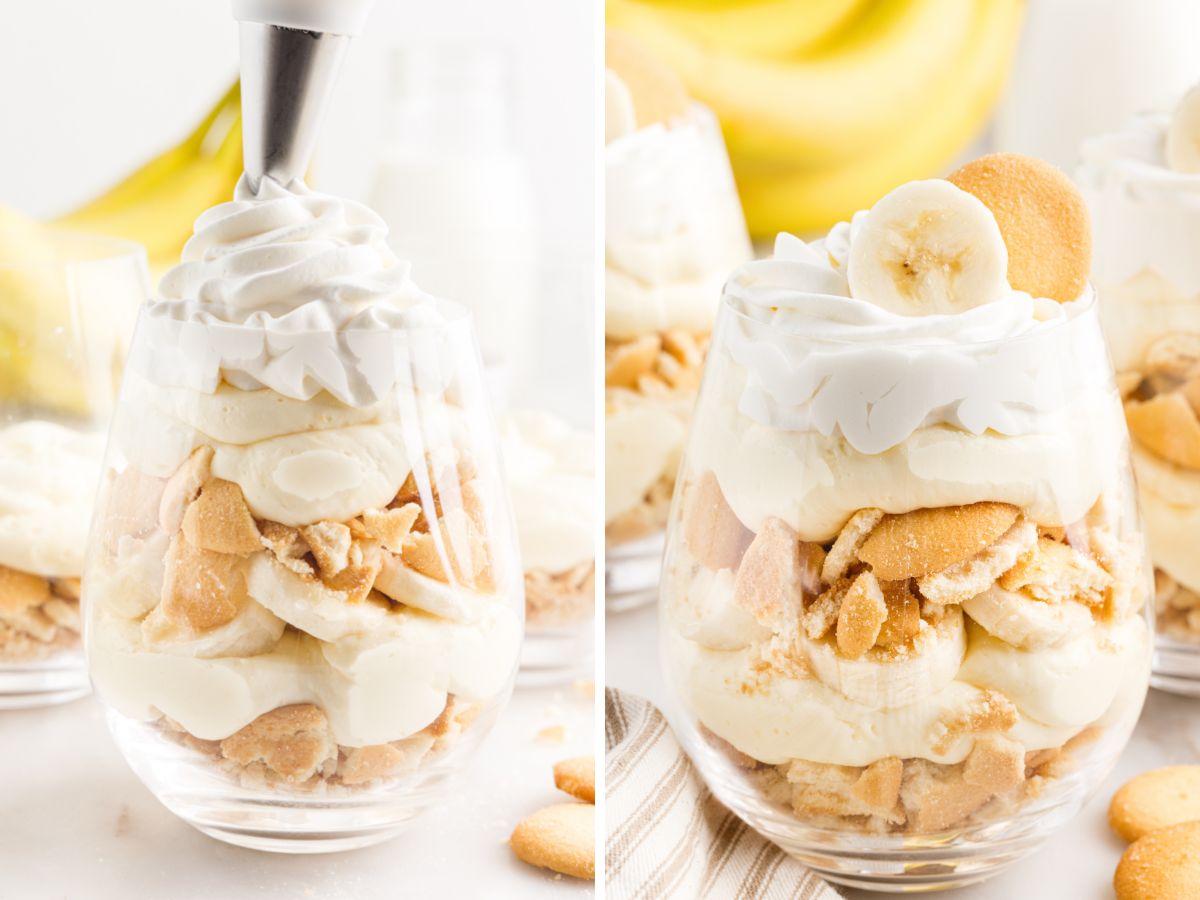 How to make banana parfaits with easy step by step instructions with pictures in these collages. 
