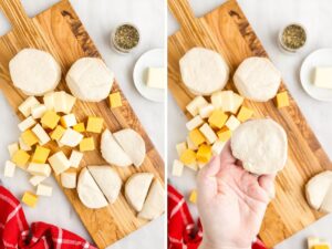 How to make easy biscuit bombs with cheese inside. A collage of two pictures showing step by step instructions for this recipe.