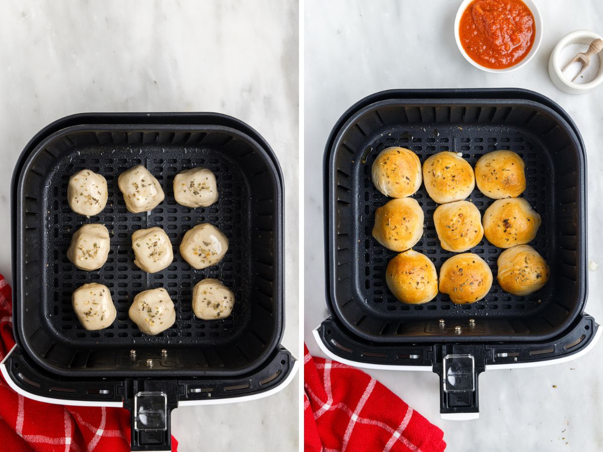 How to make easy biscuit bombs with cheese inside. A collage of two pictures showing step by step instructions for this recipe. 