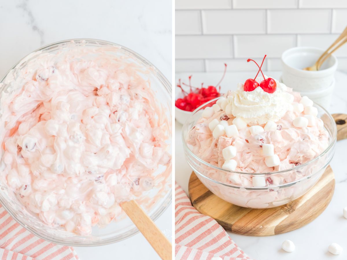 How to make cherry fluff with step by step instructions with this picture collage with two photos of fluff in it. 