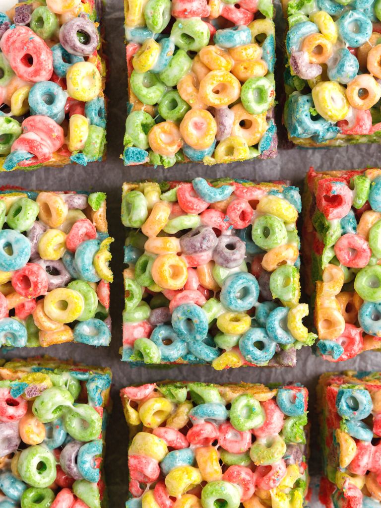 Overhead picture of cereal bars against a darker colored background.