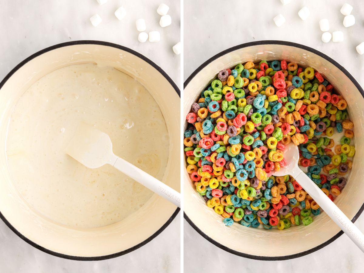 How to make cereal treat bars with Froot Loops cereal in this step by step collage with pictures for the directions. 