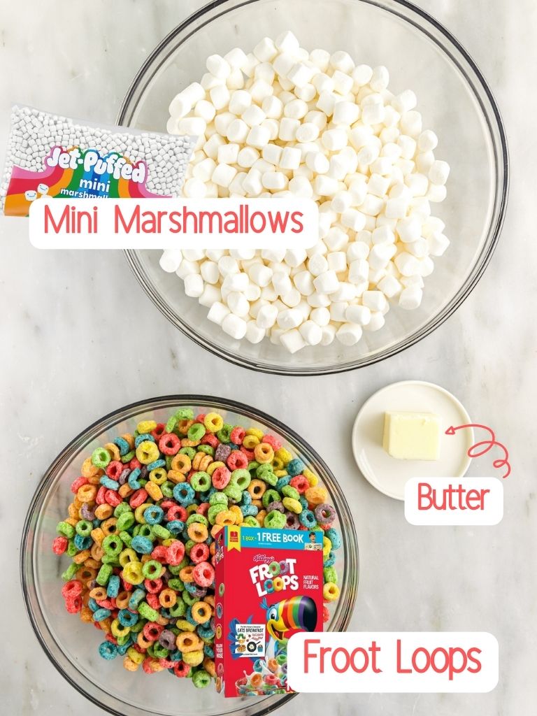 Ingredients for this treat bar recipe with each one labeled in text with what it is.