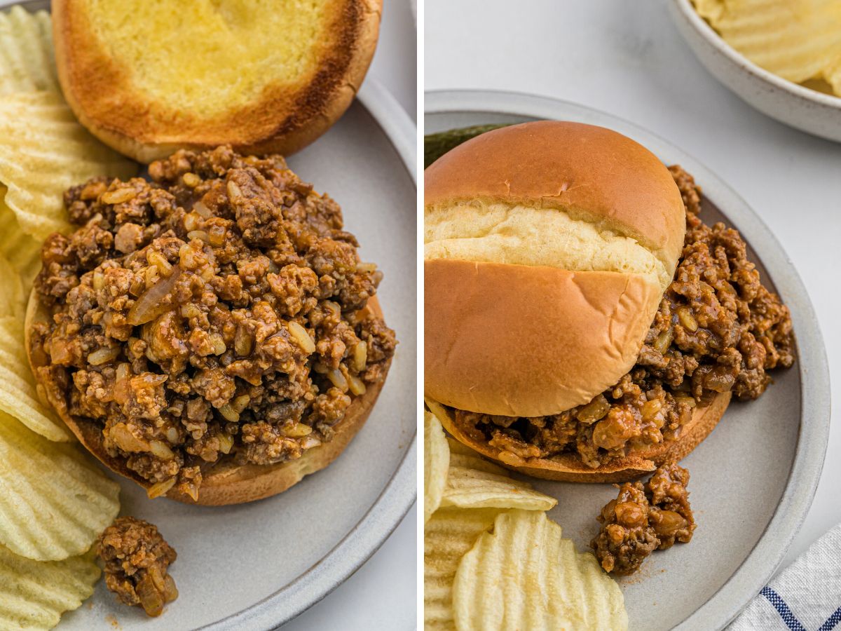 How to make gumbo soup sloppy joes with canned chicken gumbo soup. Collage of two pictures showing the steps for making it. 