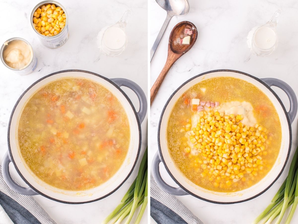 How to make ham and corn chowder with step by step instructions with pictures, in this collage with two process photos in it. 