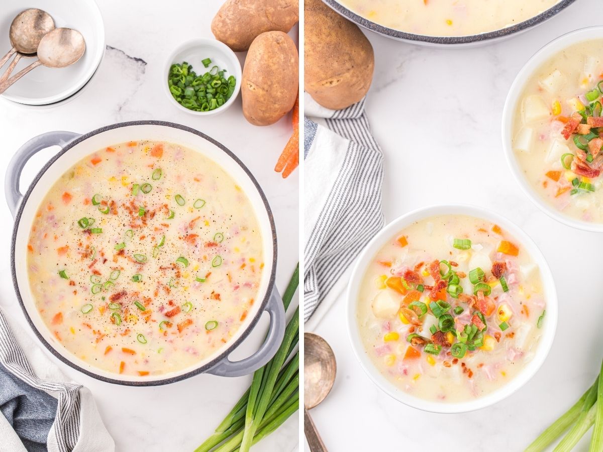 How to make ham and corn chowder with step by step instructions with pictures, in this collage with two process photos in it. 
