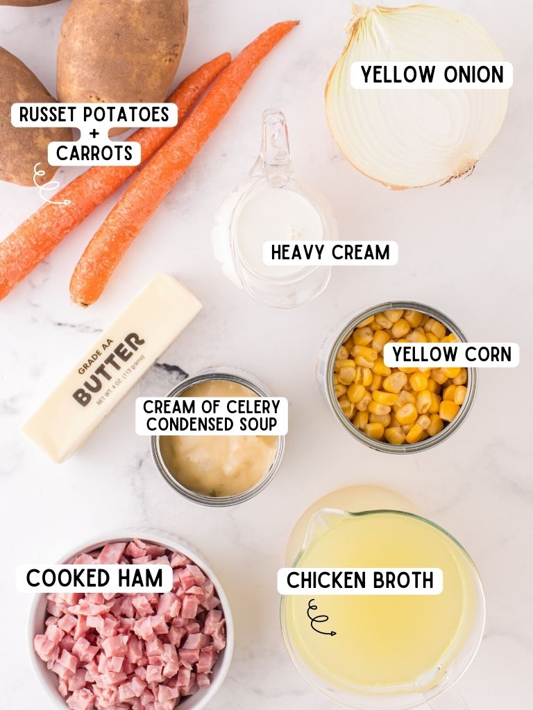 Ingredients for this chowder recipe with each one labeled in text with what it is.