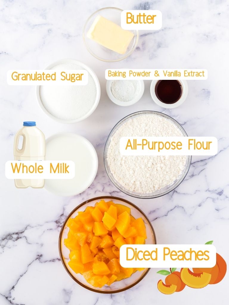 Ingredients for this recipe on a white background with each one labeled in black text with what it is. 