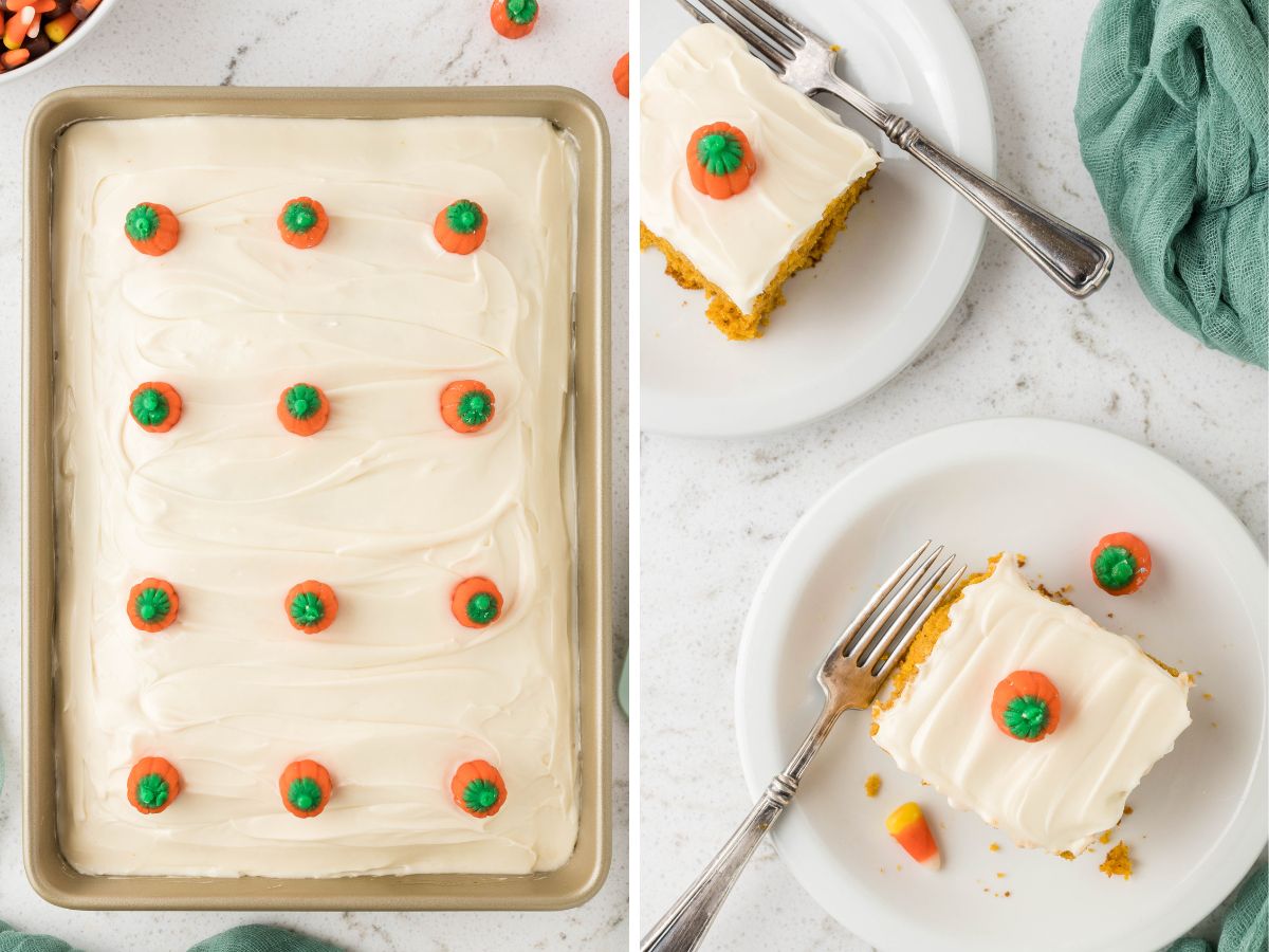 How to make this pumpkin cake with pumpkin spices, and step by step instructions with photos. A collage with two process photos in it. 