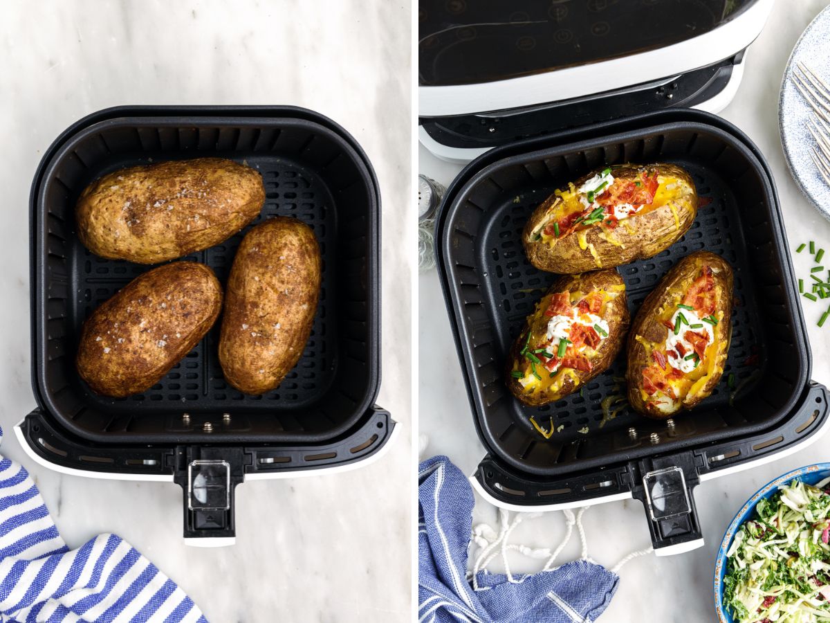 How to make a baked potato in the air fryer with step by step instructions with pictures in this photo collage. 
