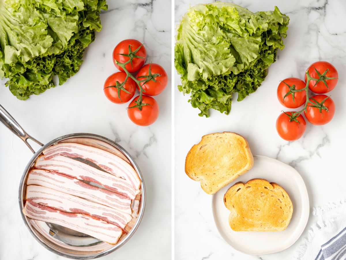 How to make a BLT sandwich with step by step process photos in this photo collage with two pictures. 