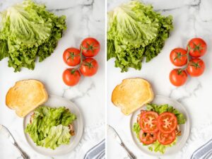 How to make a BLT sandwich with step by step process photos in this photo collage with two pictures.