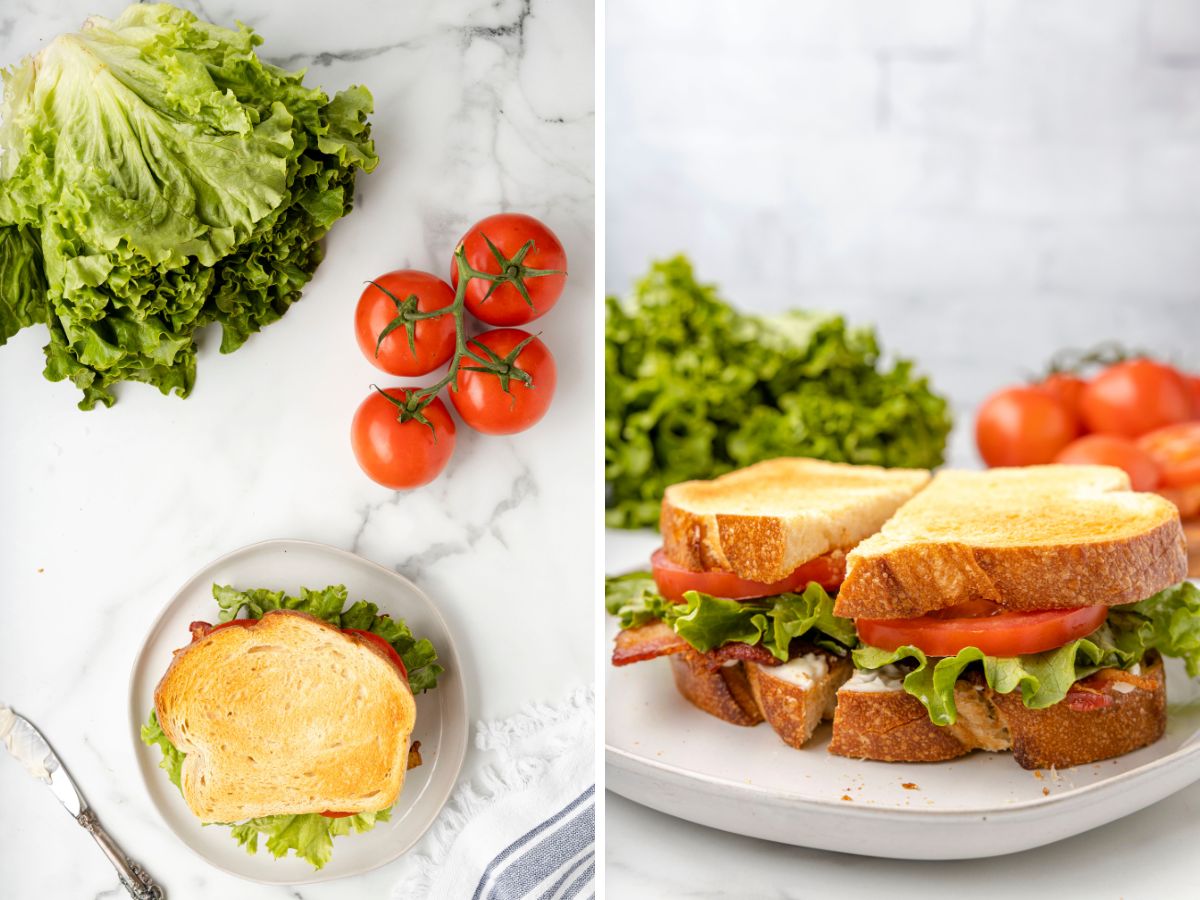 How to make a BLT sandwich with step by step process photos in this photo collage with two pictures. 