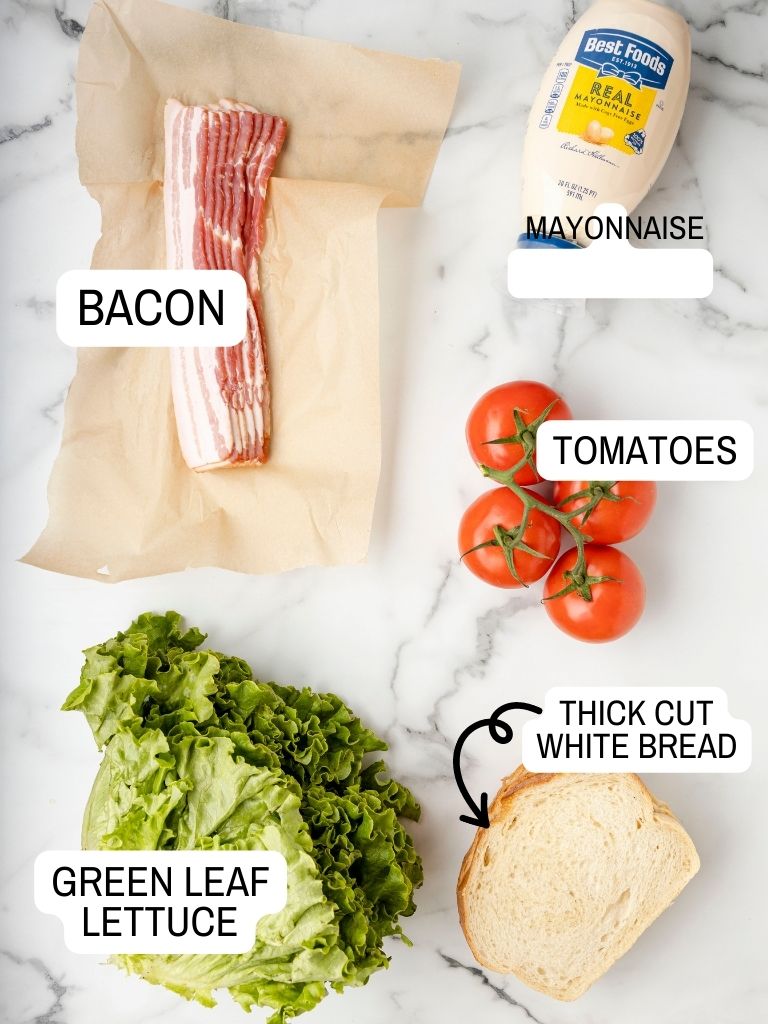 Ingredients for this blt recipe with each one labeled in text with what it is. 