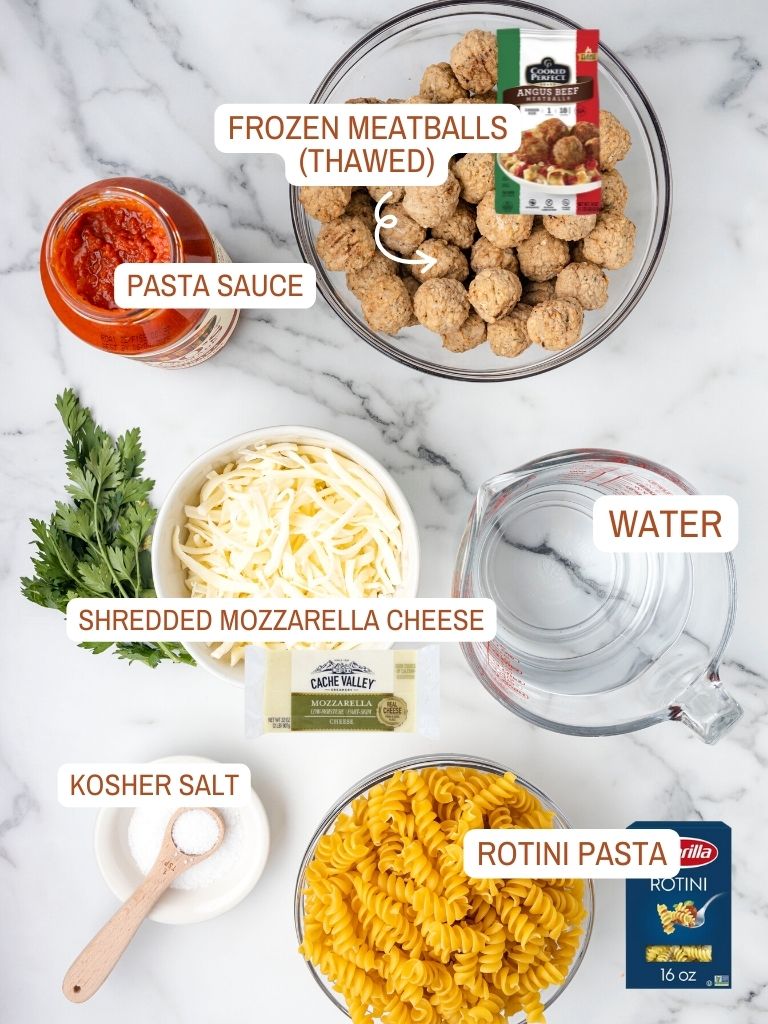 Ingredients for this easy meatball casserole with each one labeled with a text box with what it is. 