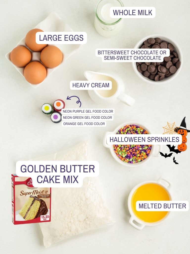 Ingredients for this Bundt Cake with swirls of halloween colors inside of it. Each ingredients is labeled in text with what it is. 