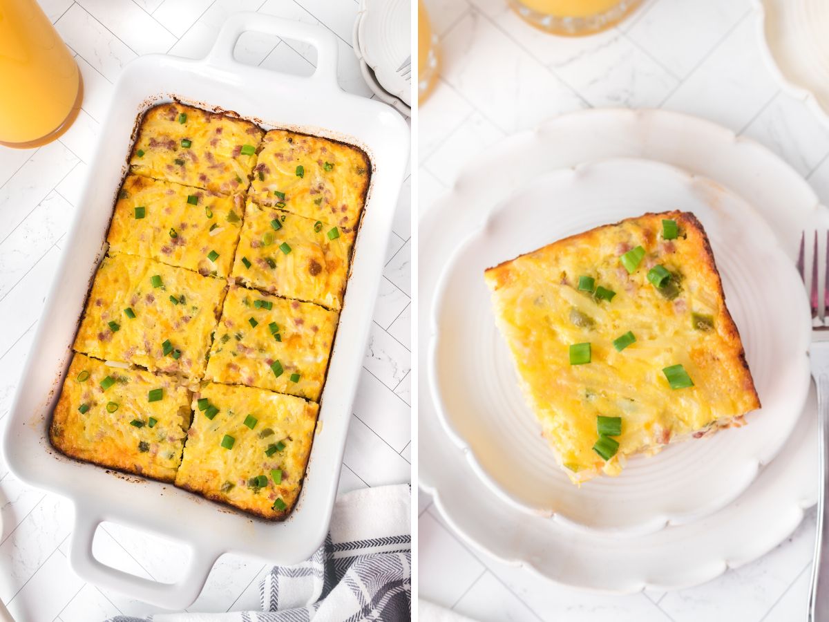How to make a breakfast casserole with ham, eggs, and shredded hashbrown potatoes. Step by step process photos in this collage. 