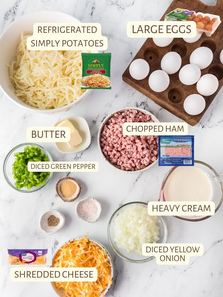 Ingredients for this casserole for breakfast with each one labeled in text with the name of it. 