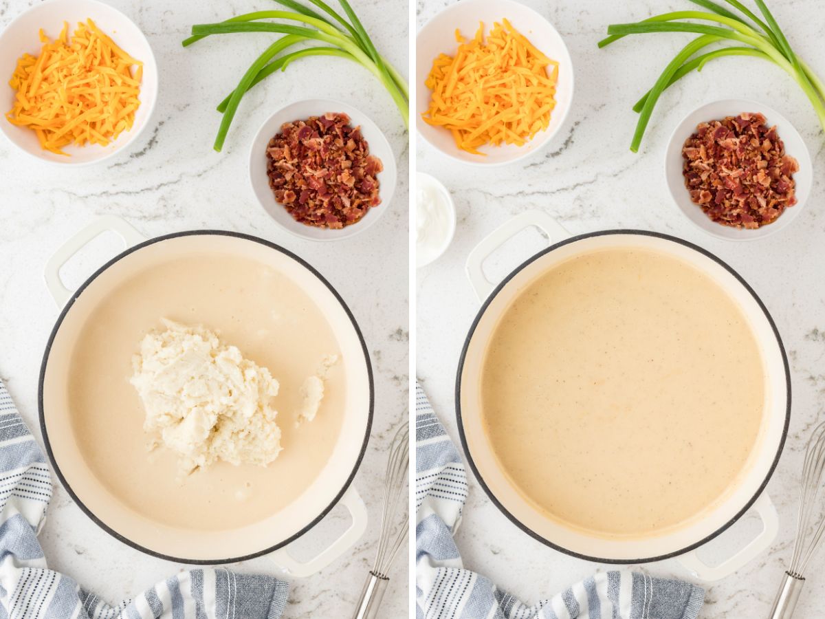 Learn how to make potato soup with leftover mashed potatoes in this picture collage with two process photos of the directions. 