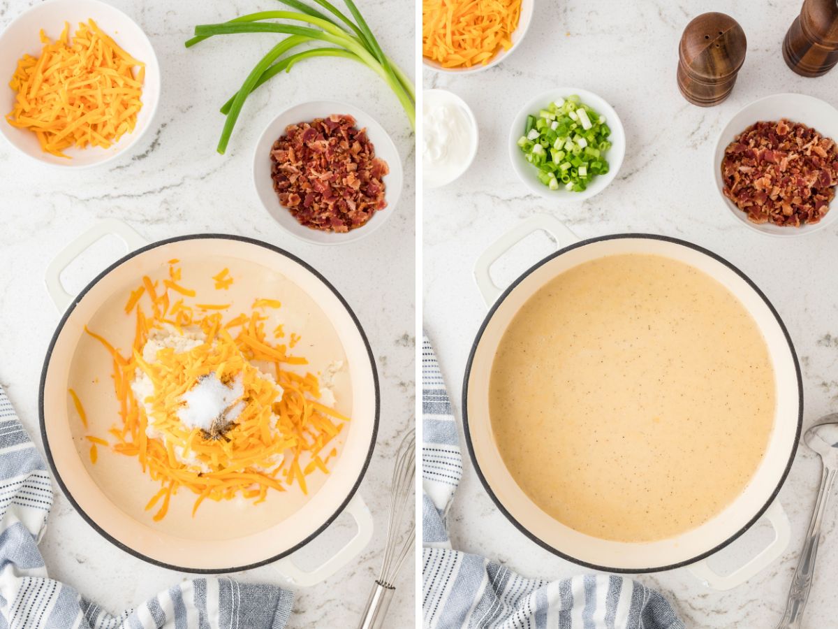 Learn how to make potato soup with leftover mashed potatoes in this picture collage with two process photos of the directions. 