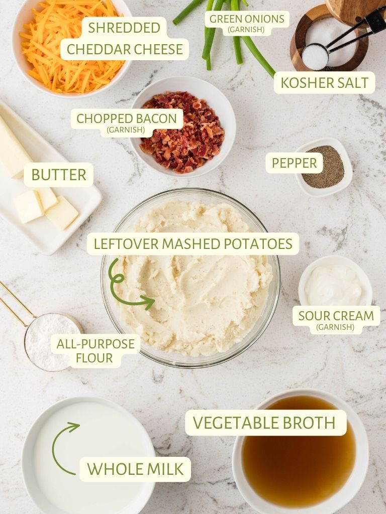 Ingredients for this soup on a white background with each one labeled in text with the name of it. 