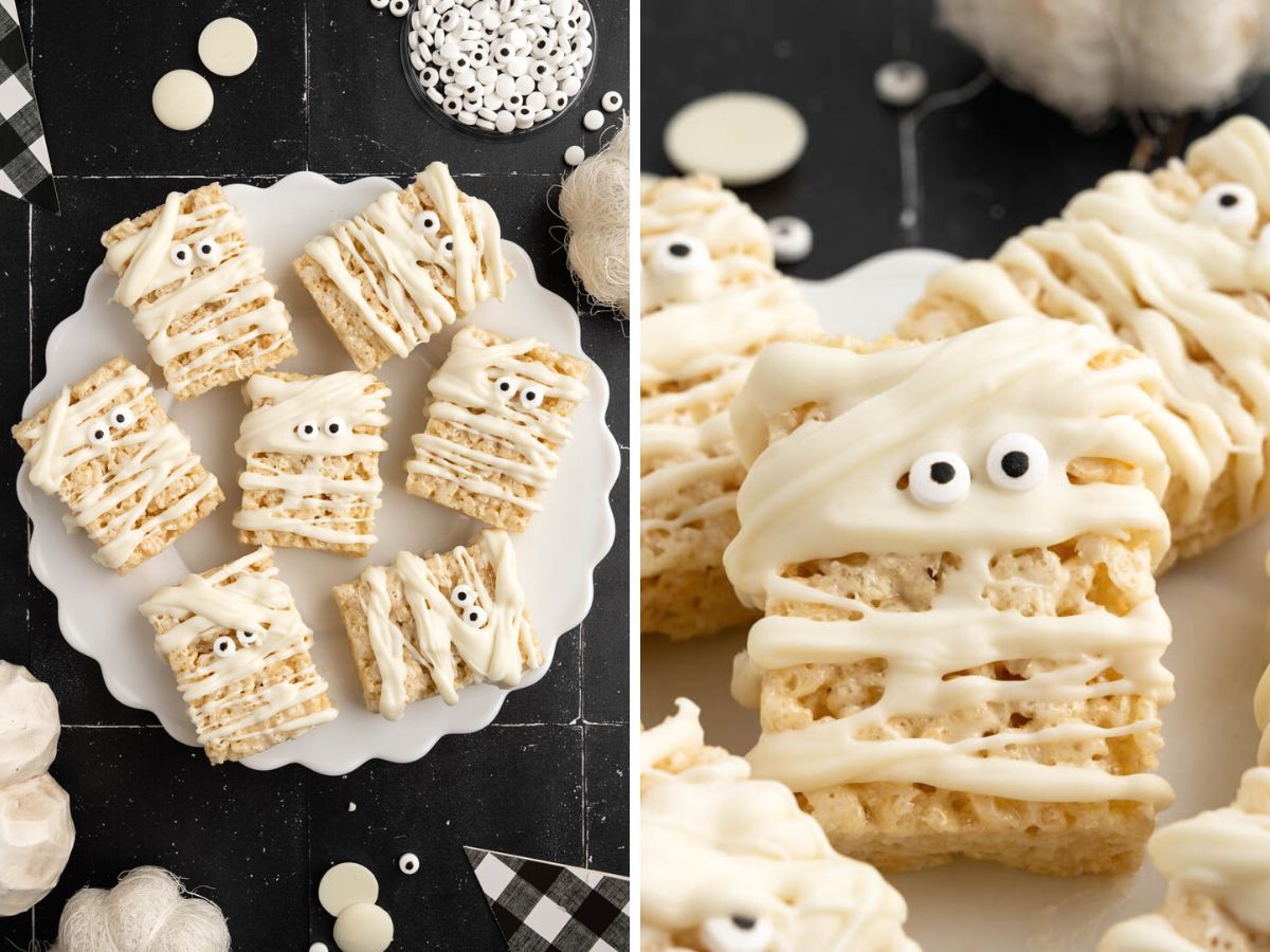 How to make Rice Krispie treats look like a mummy with this easy step by step tutorial with pictures. 