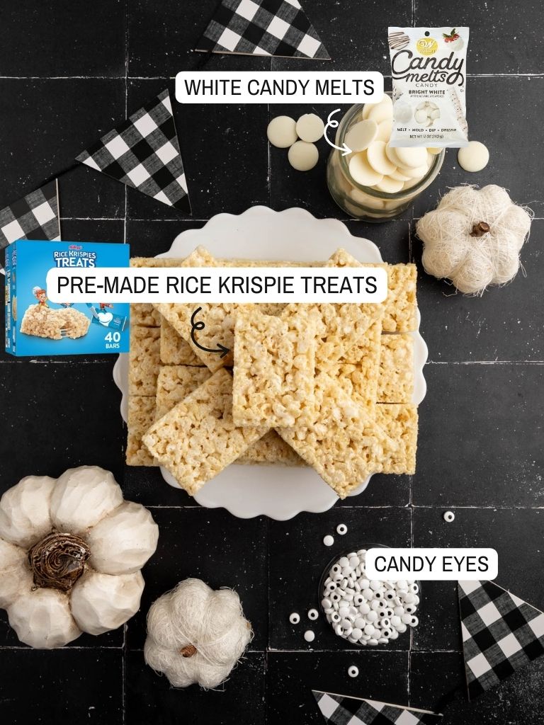 Ingredients for this halloween recipe with each one labeled in text with what it is. 