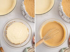 How to make pumpkin cheesecake with this easy to follow recipe and step by step instructions with pictures. A picture collage with two process photos in it.