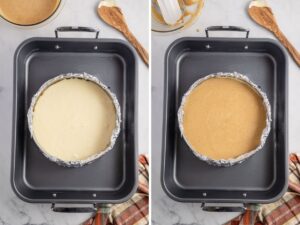 How to make pumpkin cheesecake with this easy to follow recipe and step by step instructions with pictures. A picture collage with two process photos in it.