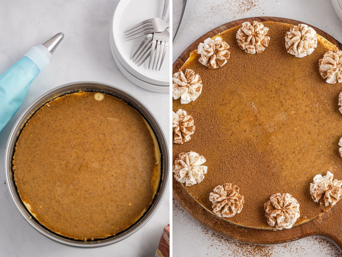 How to make pumpkin cheesecake with this easy to follow recipe and step by step instructions with pictures. A picture collage with two process photos in it. 