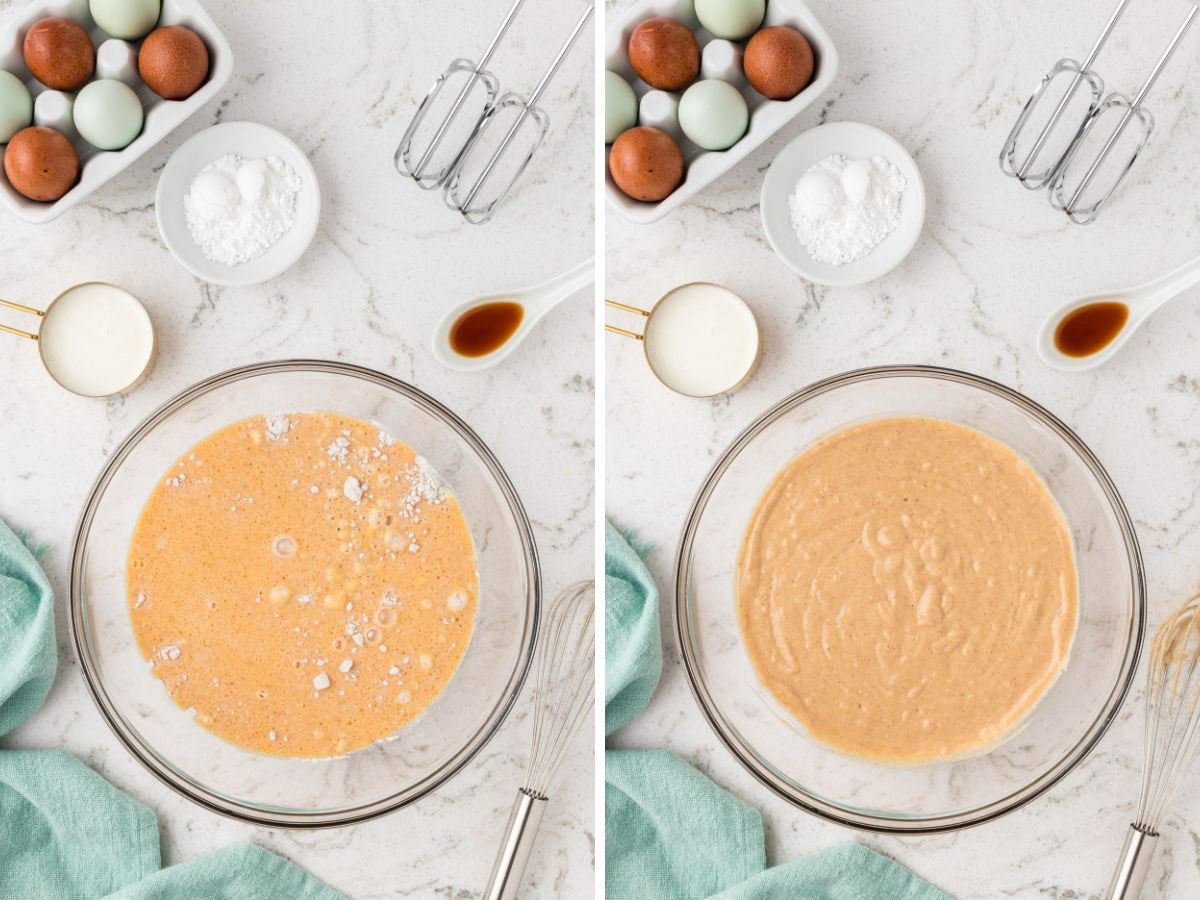 How to make pumpkin pancakes with step by step instructions with pictures in this collage with two process photos in it. 