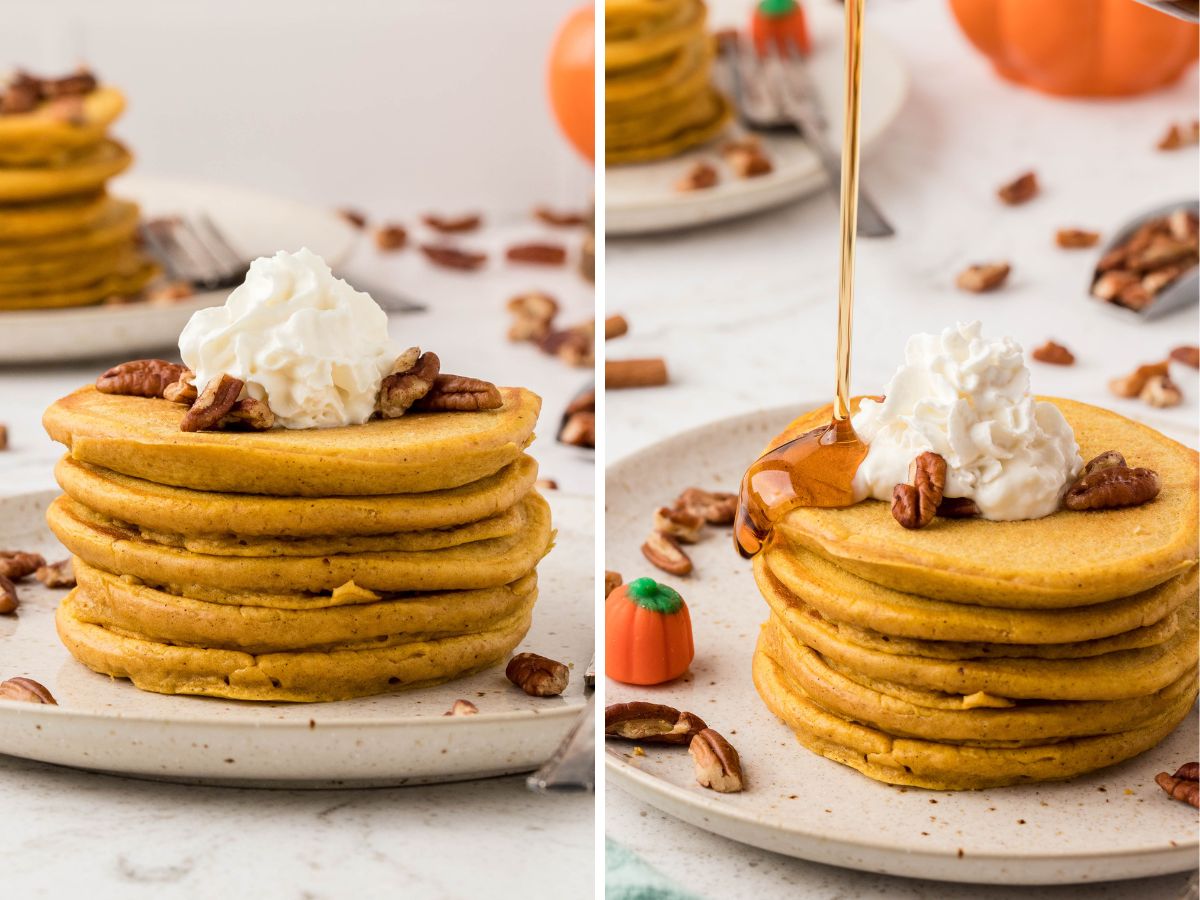 How to make pumpkin pancakes with step by step instructions with pictures in this collage with two process photos in it. 
