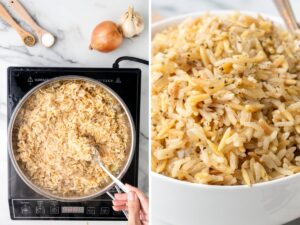 How to make homemade rice pilaf with orzo and white long grain rice. Step by step photos with directions for the recipe with pictures.