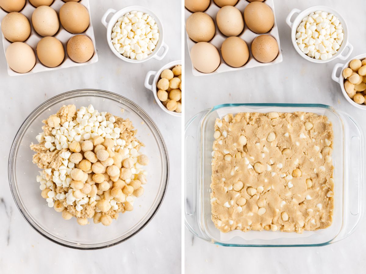 How to make white chocolate macadamia nut bars with process photos in this collage with two pictures. 