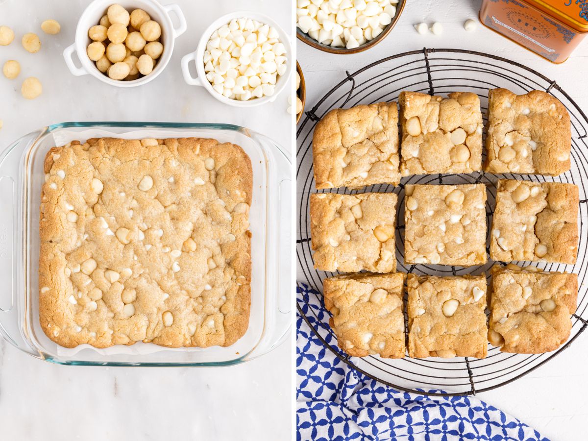 How to make white chocolate macadamia nut bars with process photos in this collage with two pictures. 
