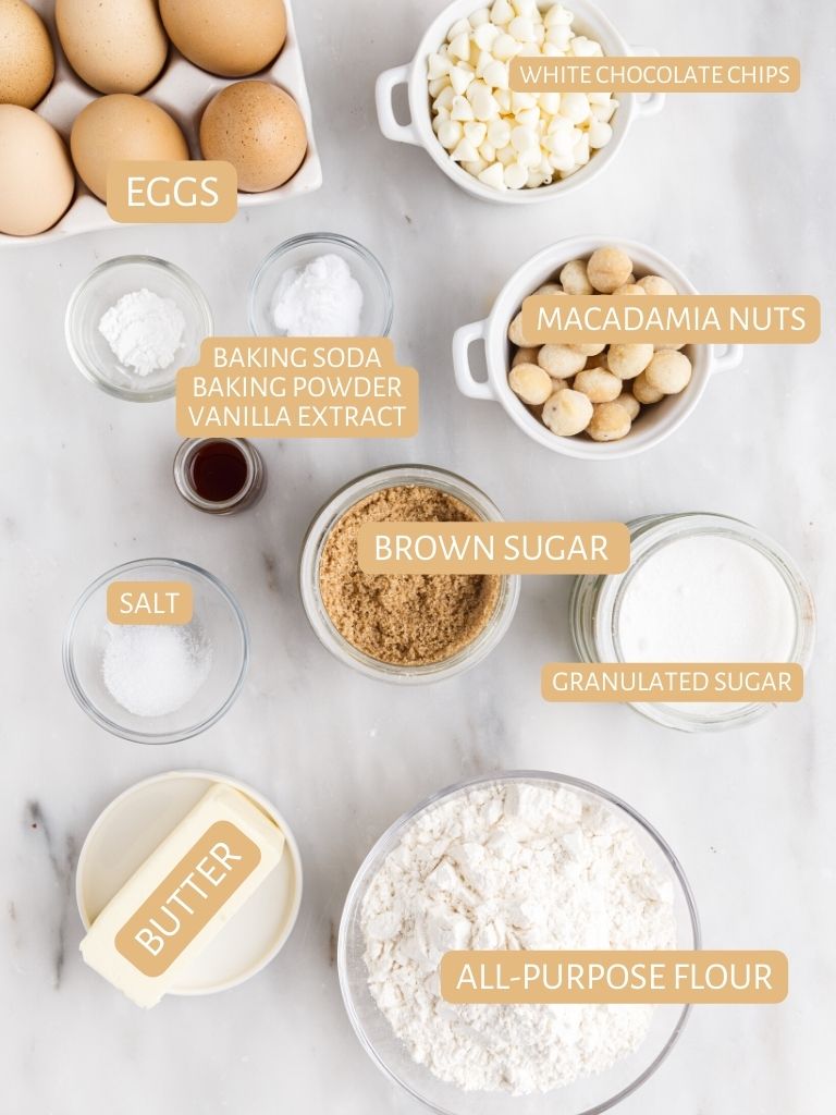 Ingredients for these cookie bars on a white background with each one labeled in text with what it is. 