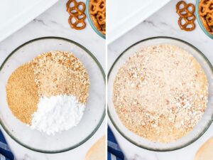 How to make peanut butter pretzel bars with step by step photo collages