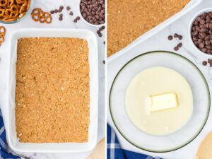 How to make peanut butter pretzel bars with step by step photo collages