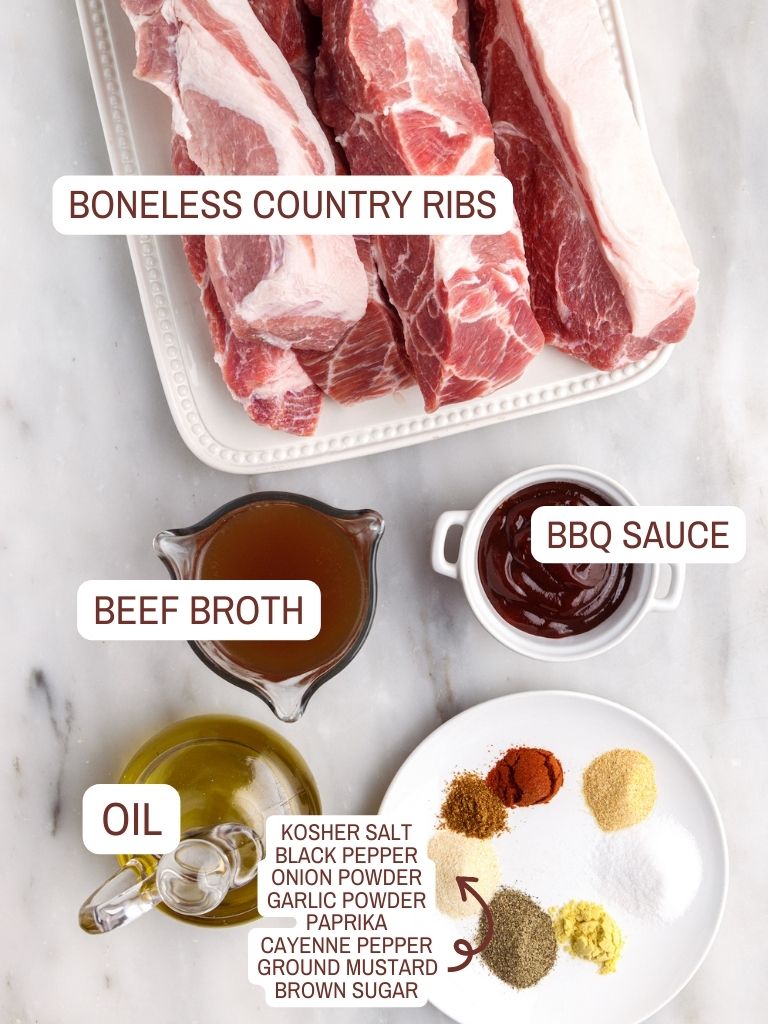 Ingredients for this rib recipe with each one labeled in text with what it is. 
