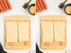How to make this recipe mummy wrapped hot dogs with a picture collage with two pictures showing the step by step process.