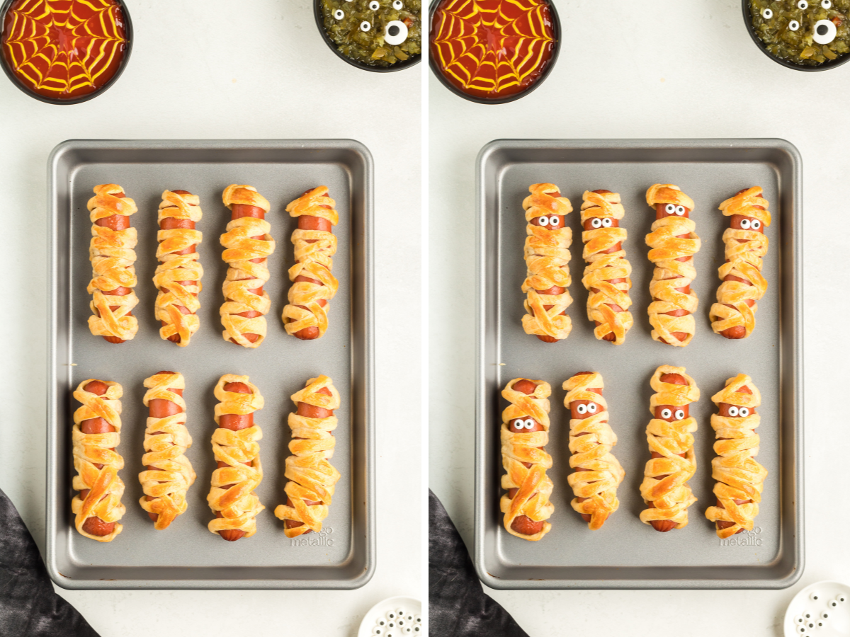 How to make this recipe mummy wrapped hot dogs with a picture collage with two pictures showing the step by step process. 