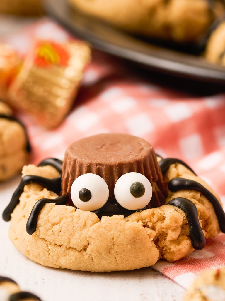 A peanut butter cookie made to look like a spider for a halloween recipe