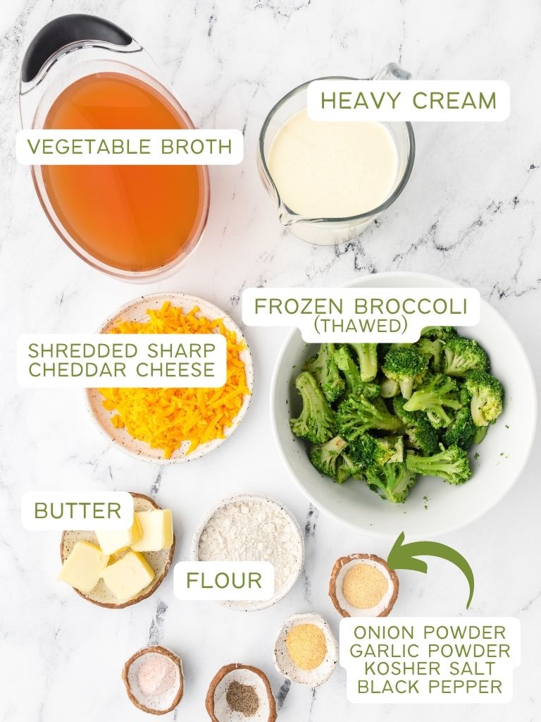 Ingredients needed for this soup recipe with each one labeled in text with what it is. 